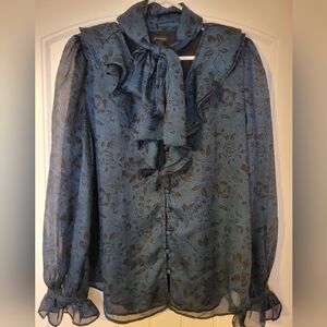 Ann Taylor Blue Floral Ruffle Tie-Neck Blouse with Navy Print